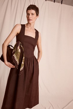 Lily Square Neck Linen Midi Dress Brown