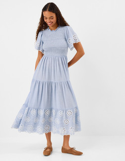 Smocked Cutwork Midi Dress Blue
