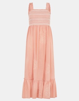 Floral Embroidered Smocked Midi Dress Pink