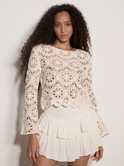 Apricot Floral Tape Yarn Crochet Scallop Edge Bell Sleeve Top €45 at Very.ie