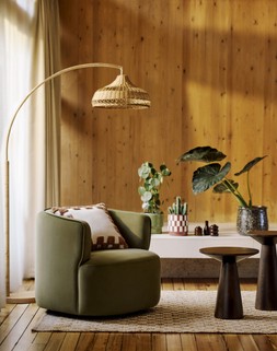 The Very Collection Accent Chair €459, Large Side Table €229, Small Side Table €199, Floor Lamp €174.99, Cushion €32.99, Planter €32.99, Vases (Set of 3) €32.99, Rug €247 at Very.ie