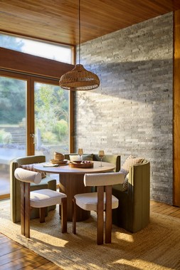 The Very Collection Dining Table & Bench €1849, Cushions from €26, Rug €414.99, Dining Chairs (Set of 2) €305, Tray €39.99, Glasses (Set of 4) €49.99, Placemats (Set of 4) €19.99, Dinner Set €60.99 at Very.ie