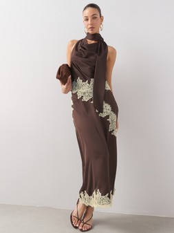 The Very Collection Draped Satin Halter Lace Trim Blouse €34, Satin Lace Trim Midi Skirt €45 at Very.ie