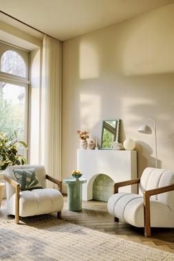 The Very Collection Mirror €53.99,Vases from €24.99, Floor Lamp €74.99, Side Table €109, Accent Chair €378, Rug €286, Cushion €32.99, Bowl €32.99 at Very.ie