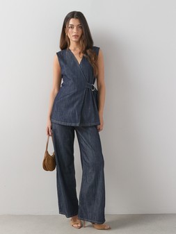 The Very Collection Wrap Denim Tunic Co-ord Top - Dark Wash €45, Denim Co-Ord Wide Leg Jeans - Dark Wash €45 at Very.ie