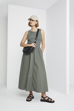 Beige Linen Look Cap &pound;8, Khaki Poplin Midaxi Dress &pound;22, Black Croissant Shoulder Bag &pound;14, Black Platform Sandals &pound;20