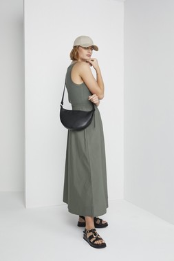 Beige Linen Look Cap &pound;8, Khaki Poplin Midaxi Dress &pound;22, Black Croissant Shoulder Bag &pound;14, Black Platform Sandals &pound;20