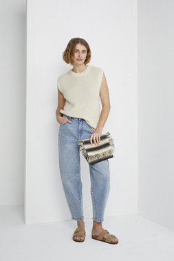 Neutral Metallic Tank &pound;18, Light Denim Barrel Jeans &pound;22 , Taupe Sandals &pound;15, Monochrome Chain Cross Body Bag &pound;14