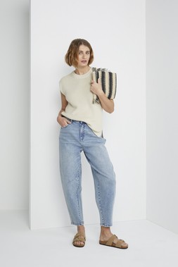 Neutral Metallic Tank &pound;18, Light Denim Barrel Jeans &pound;22 , Taupe Sandals &pound;15, Monochrome Chain Cross Body Bag &pound;14