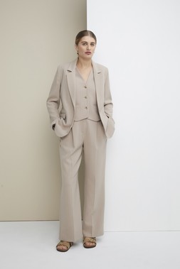 Stone Co-ord Pinstripe Relaxed Blazer &pound;32, Stone Co-ord Pinstripe Waistcoat &pound;22, Stone Co-ord Pinstripe Wide Leg Trousers &pound;22, Taupe Sandals &pound;15.