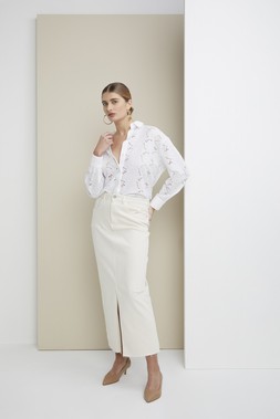White Longline Lace Shirt &pound;25, Ecru Denim Maxi Skirt &pound;24, Nude Court Heels &pound;20