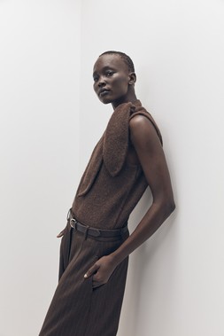 Tu-AW26-Model-01 - Brown Andres Tie-Neck Vest £18 & Brown Pinstripe Barrel Trousers £25