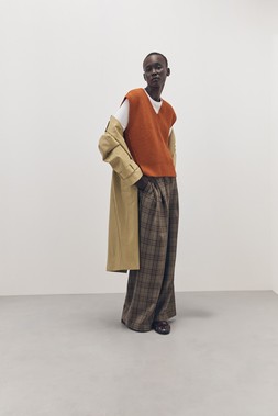 Tu-AW26-Model-10 - Car Coat £48, Orange V-Neck Tank £16, Check Trouser £22.50, Burgundy Loafer £20
