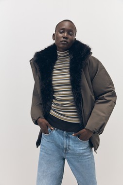 Tu-AW26-Model-15 - Khaki Faux Fur Trim Bomber Jacket £48 & Mid Denim Core Barrel Jeans £22.50