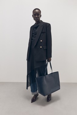 Tu-AW26-Model-23 - Black Military Jacket £40 Black Satin Fringe Midi Dress £30 High-Shine Navy Tote Bag £22 Heeled Point Court Shoe £22