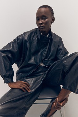 Tu-AW26-Model-28 - Black PU Batwing Funnel-Neck Bomber Jacket, £40