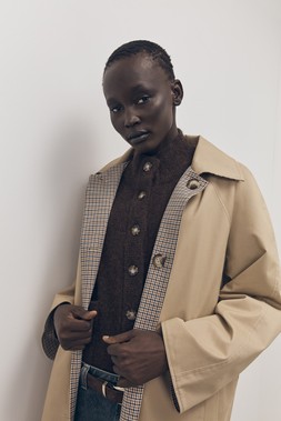 Tu-AW26-Model-35 - Reversible Car Coat £55, Boxy Pocket Cardigan £28,  Belted Barrel Jeans £25