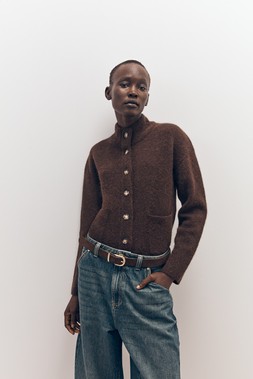 Tu-AW26-Model-36 - Dark Brown Alpaca-Blend Boxy Pocket Cardigan, £28