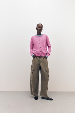 Tu-AW26-Model-40 - Pink Cashmere Crew Cardigan £75,  Long-Sleeve Top £12.50, Barrel Cargos £22.50 