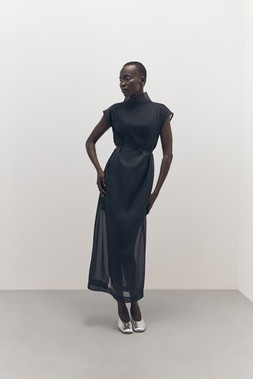 Tu-AW26-Model-50 -Black Organza Midi Sheath Dress £26,  Silver Square-Toe Ballerina £18 
