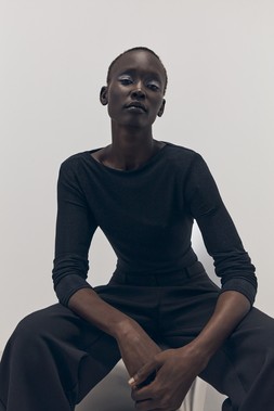 Tu-AW26-Model-52 - Lurex Slash-Neck Shoulder-Pad Top £14, Black Ponte Wide Leg Trousers £16