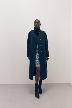 Tu-AW26-Model-62 - Navy Belted Military Coat £55, Silver Sequin Mini Dress £38, Suede Point-Toe Ankle Boot £45, 