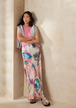 Grey Button-Through Cardigan &pound;18, Pastel Pink Halter Vest &pound;5, Abstract Print Satin Maxi Skirt &pound;20 & Silver Velcro Strap Sandals &pound;16