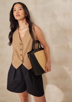 Stone Textured Coord Waistcoat &pound;22, Black Poplin Belted Shorts &pound;14, Black Faux Leather Contrast Straw Bag &pound;18 & Black Wrap Around Platform Sandals &pound;20