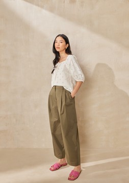 White Broderie Puff Sleeve Top &pound;20, Khaki Pleated Barrel Trousers &pound;20 & Pink Snake Mules &pound;15