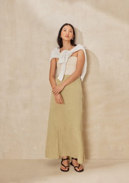 White Stitch Crewneck Jumper &pound;20, Cream Bandeau Top (Part of a 2 Pack) &pound;8, Sage Crushed Satin Maxi Skirt &pound;22 & Black Strappy Sandals &pound;17.