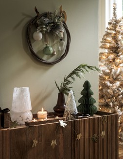Festive Timeless SIdeboard -Habitat Jericho 3 Door Sideboard – Natural, &pound;550 Habitat Frosted Cedar Confetti Glass Tree Candle, &pound;18