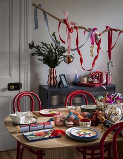 Kaleidoscope Festive Scandi Dining -  Habitat Samara 6-Seater Dining Table – Oak, &pound;450 Habitat Larsa Pair of Solid Wood Dining Chairs – Red, &pound;160