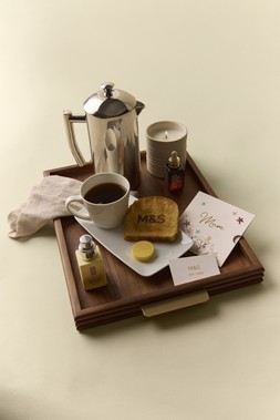 STAINLESS STEEL 8 CUP CAFETIERE £25, MAXIM SMALL ROUNDED RECTANGULAR PLATTER £5, WOODEN RIB TRAY £30, ARTISAN MUG £5, SET OF 2