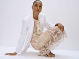 M&S Autograph Blazer £99, Autograph Lace Shirt £65, Autograph Lace Skirt £65, Earrings £12.50 (April), Sandals £39.50 (Sep 24)