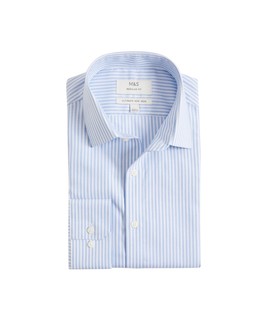 M&S Collection Regular Fit Ultimate Non Iron Cotton Striped Shirt Blue £40