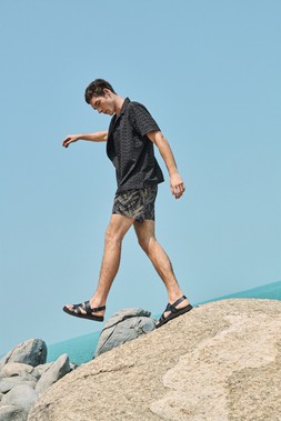 M&S EMBROIDERY SHIRT £35, BANANA LEAF PRINT SWIM SHORTS £20, AUTOGRAPH LEATHER SANDALS £45