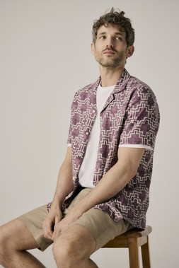 M&S Purple Printed shirt £35 M&S t shirt £20 M&S Beige shorts £30