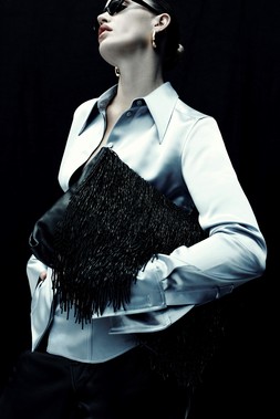 M&S X 16ARLINGTON SATIN SHIRT £95, EARRING £45, CLUTCH £45