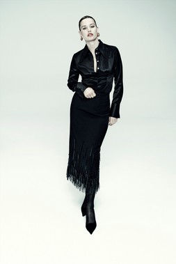 M&S X 16ARLINGTON SATIN SHIRT £95, EARRING £45, SKIRT £180, HEEL £105
