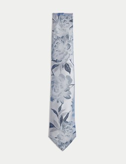 M&S Collection Floral Pure Silk Tie Mid Blue £25